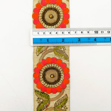 Beige Art Silk Lace Trim, Floral Embroidery in Green, Pink and Orange